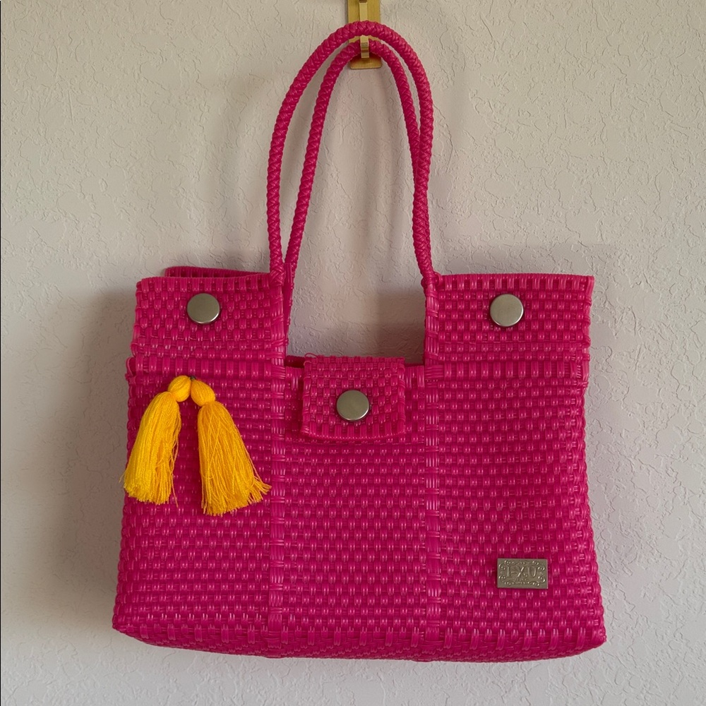 Pink Woven Tote Bag with Yellow Tassels